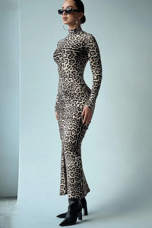 Leopard Print Long Sleeve High Neck Maxi Dress - Image 2