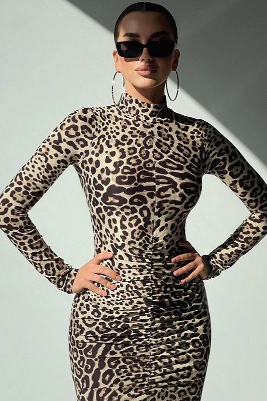 Leopard Print Long Sleeve High Neck Maxi Dress - Image 3