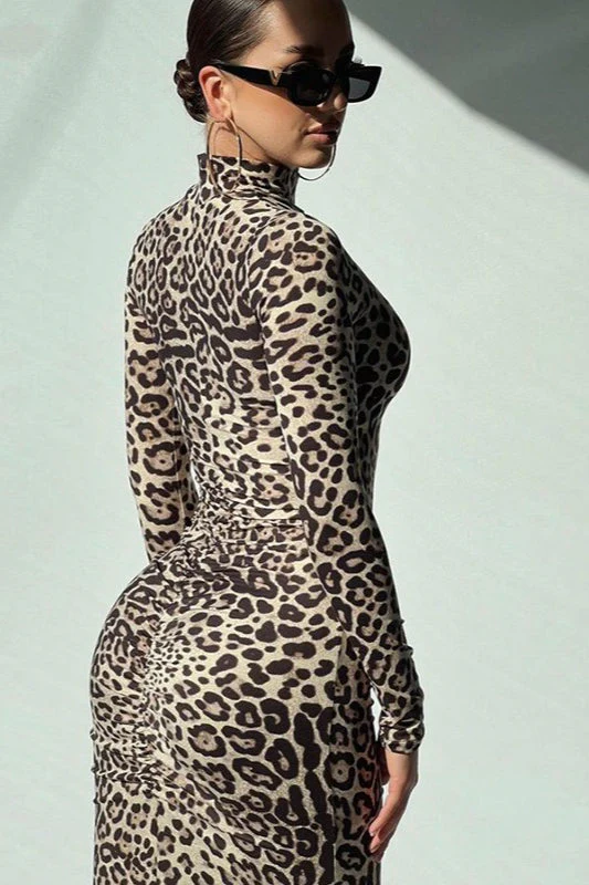 Leopard Print Long Sleeve High Neck Maxi Dress - Image 4