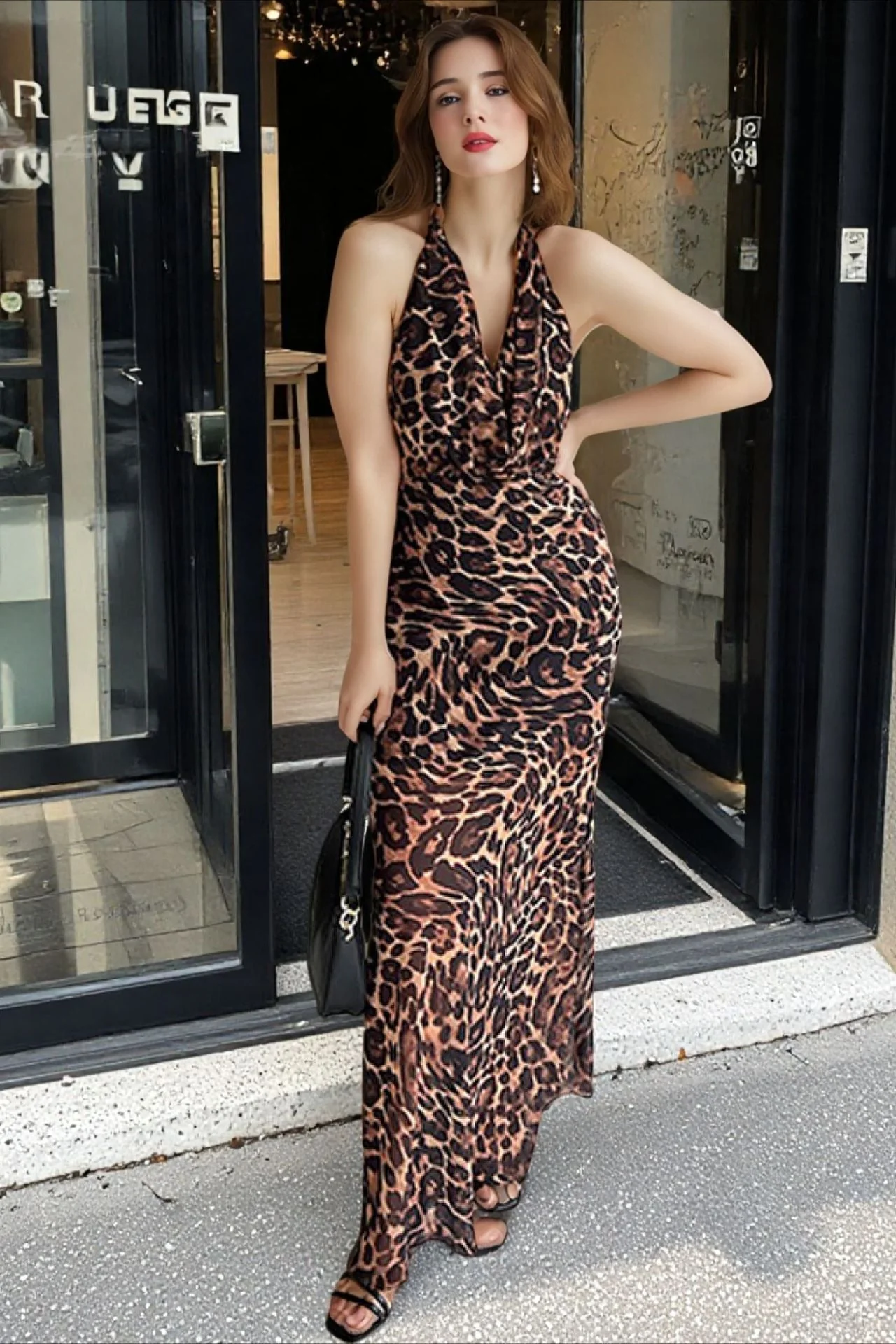 Leopard Print Halter Backless Maxi Dress - Image 2