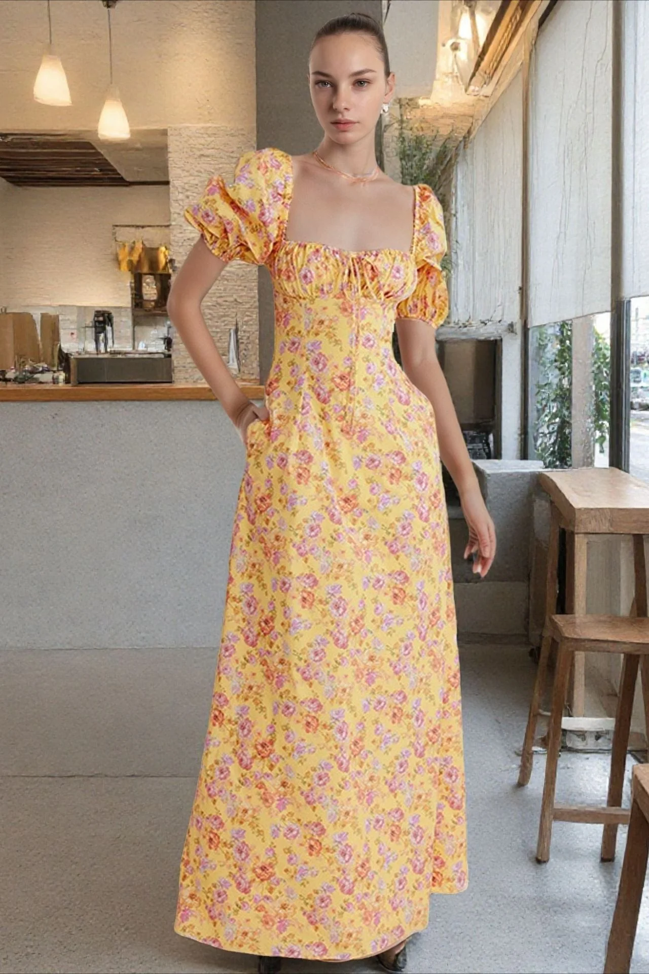 Floral Print Square Neck Puff Sleeve Tie Maxi Dress - Image 2