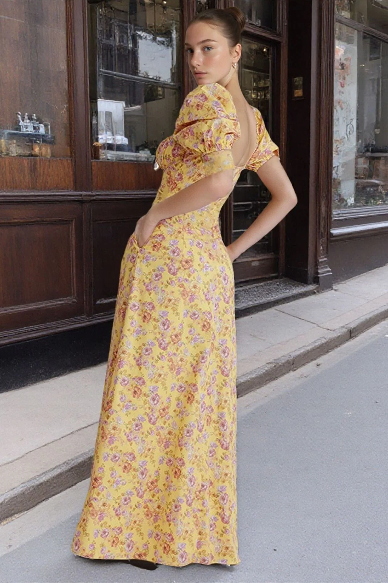 Floral Print Square Neck Puff Sleeve Tie Maxi Dress - Image 3