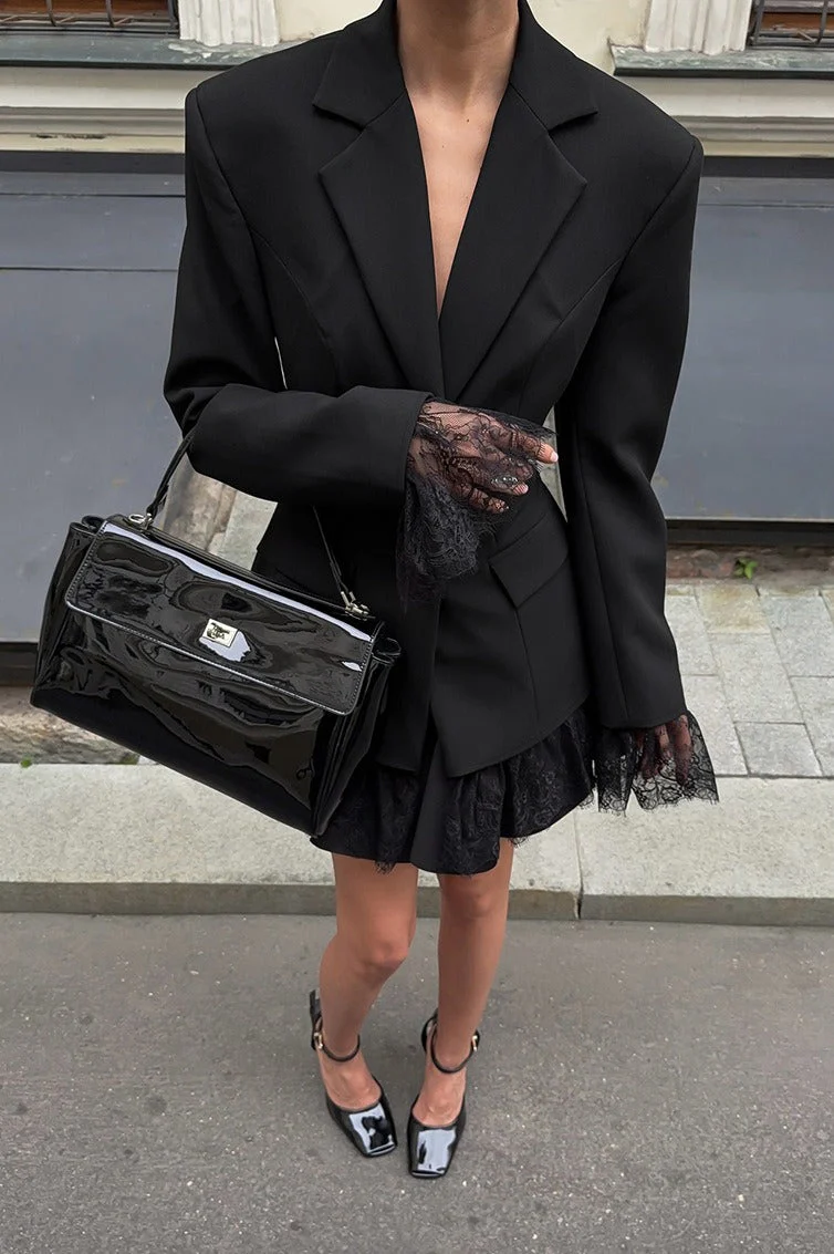 Black Lace Panel Blazer Jacket - Image 2
