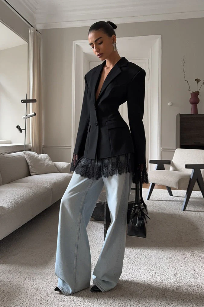 Black Lace Panel Blazer Jacket - Image 4