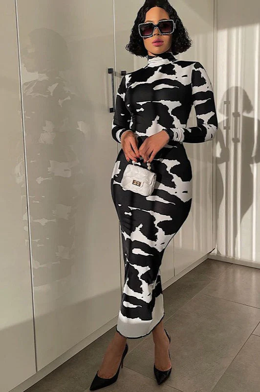 Floral Print High Neck Long Sleeve Bodycon Maxi Dress - Image 2