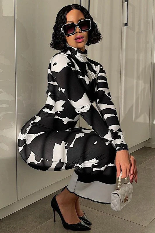 Floral Print High Neck Long Sleeve Bodycon Maxi Dress - Image 3