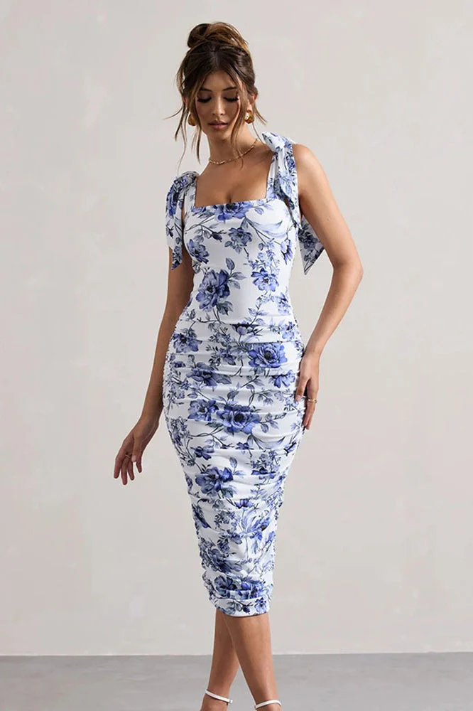Vintage Floral Print Ruched Maxi Dress - Image 4