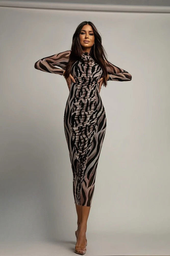 Floral Print Ruched Mesh Long Sleeve Bodycon Maxi Dress