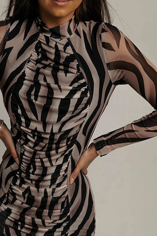 Floral Print Ruched Mesh Long Sleeve Bodycon Maxi Dress - Image 2