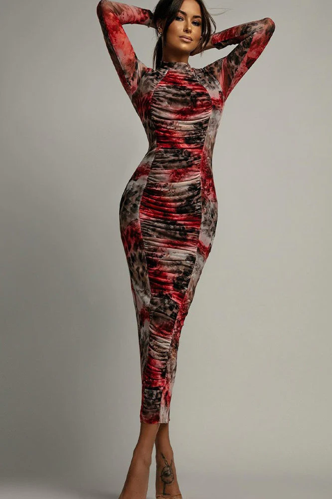 Floral Print Ruched Mesh Long Sleeve Bodycon Maxi Dress - Image 4