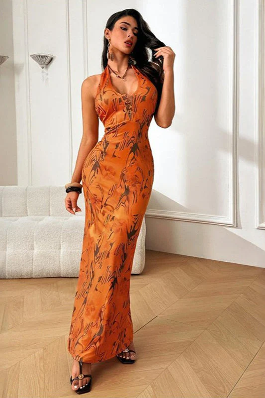 Sexy V-neck Halter Backless Floral Print Maxi Dress - Image 3