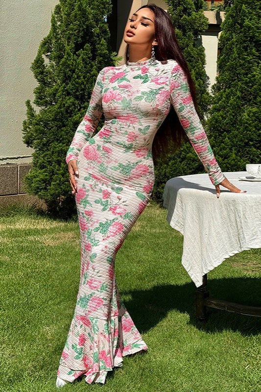 Elegant Floral Print Long Sleeve Bodycon Maxi Dress - Image 2