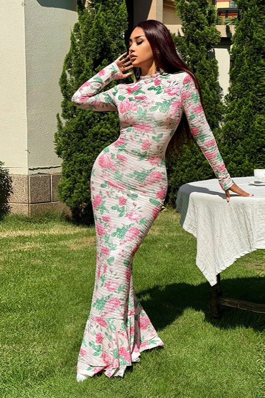 Elegant Floral Print Long Sleeve Bodycon Maxi Dress - Image 3