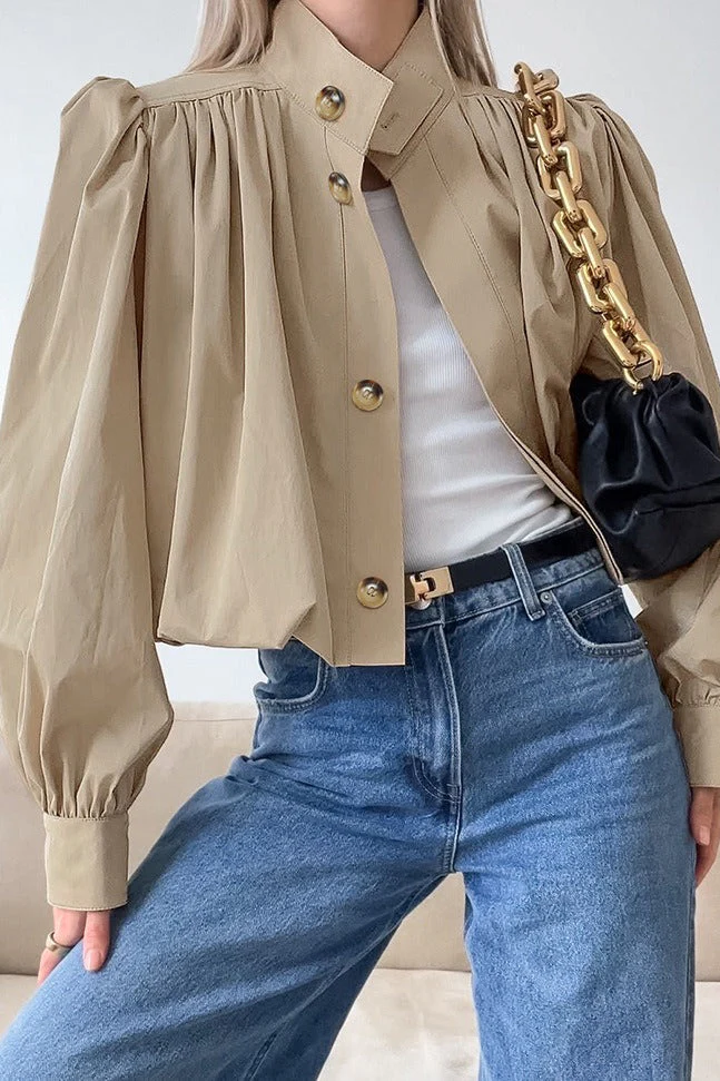 Loose Fit Khaki Puff Sleeve Jacket - Image 2