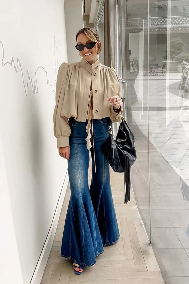 Loose Fit Khaki Puff Sleeve Jacket - Image 5