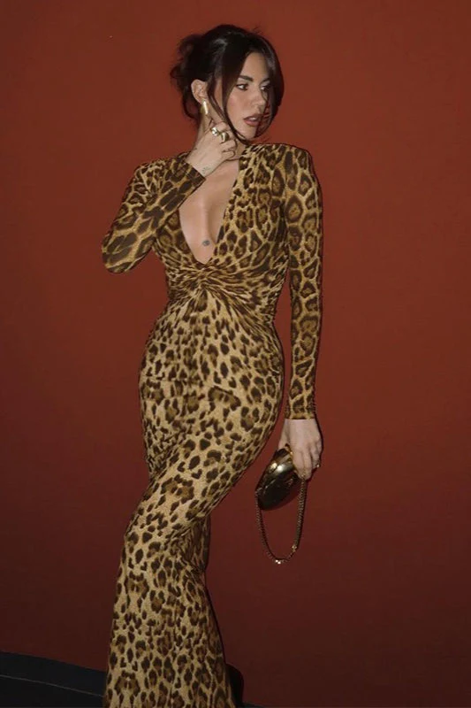 Sexy Leopard Print Knot Long Sleeve Maxi Dress - Image 2