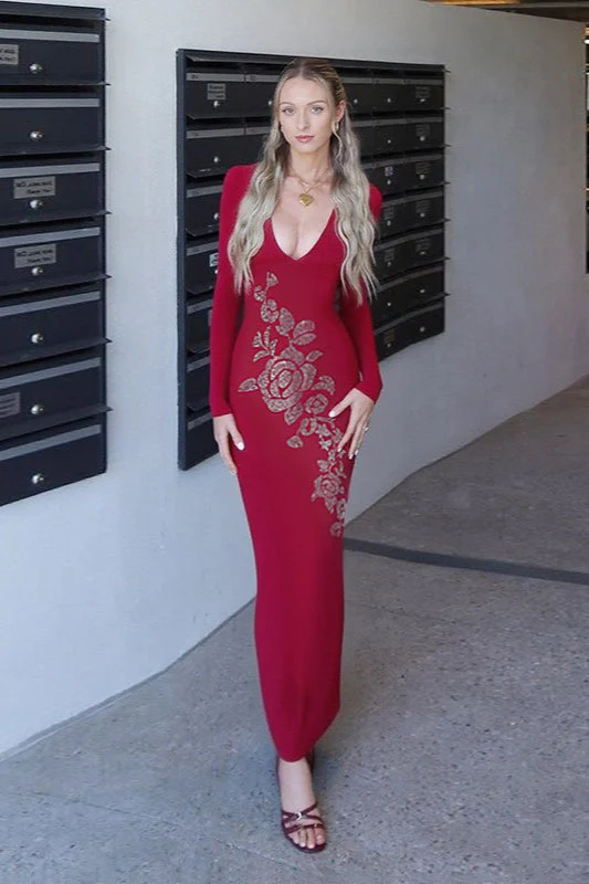 Sexy V-neck Rhinestone Bodycon Maxi Dress - Image 2