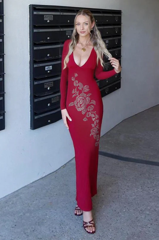 Sexy V-neck Rhinestone Bodycon Maxi Dress - Image 3