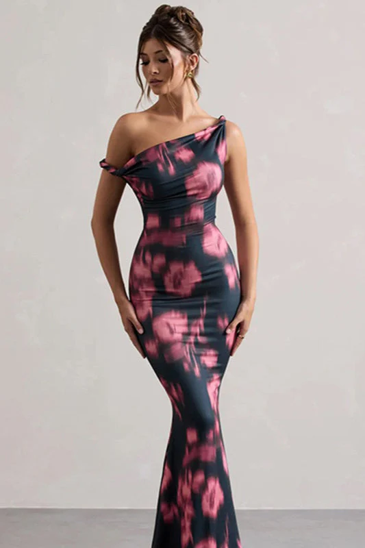 Floral Print One Shoulder Knot Mermaid Maxi Dress - Image 2