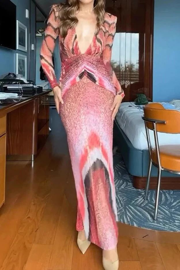 Sexy V-neck Floral Print Long Sleeve Bodycon Maxi Dress - Image 2