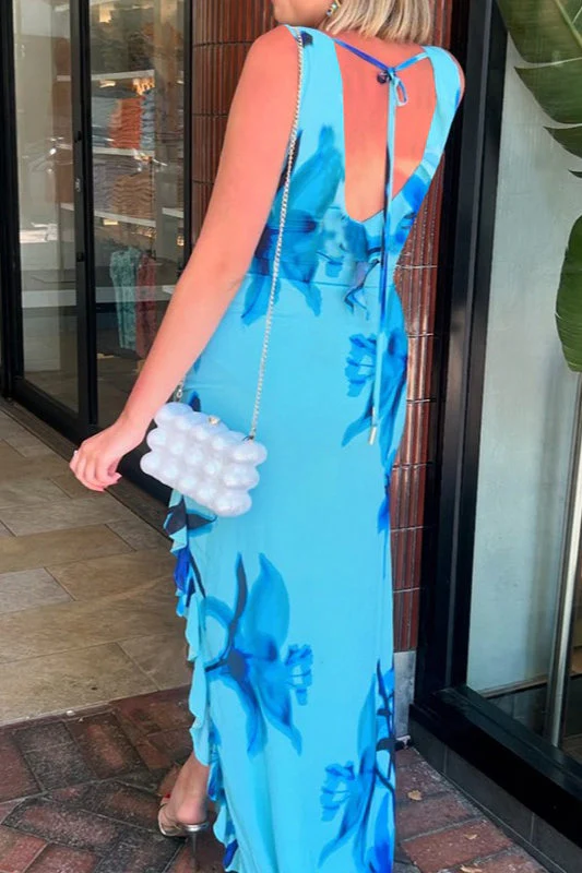 Floral Print V-neck Ruffle Tie Split Maxi Dress - Image 3