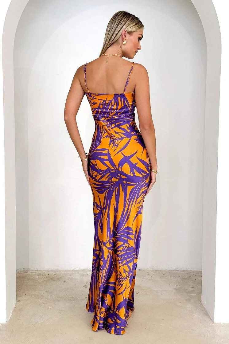 Sexy Purple Floral Print V-neck Slim Maxi Dress - Image 3