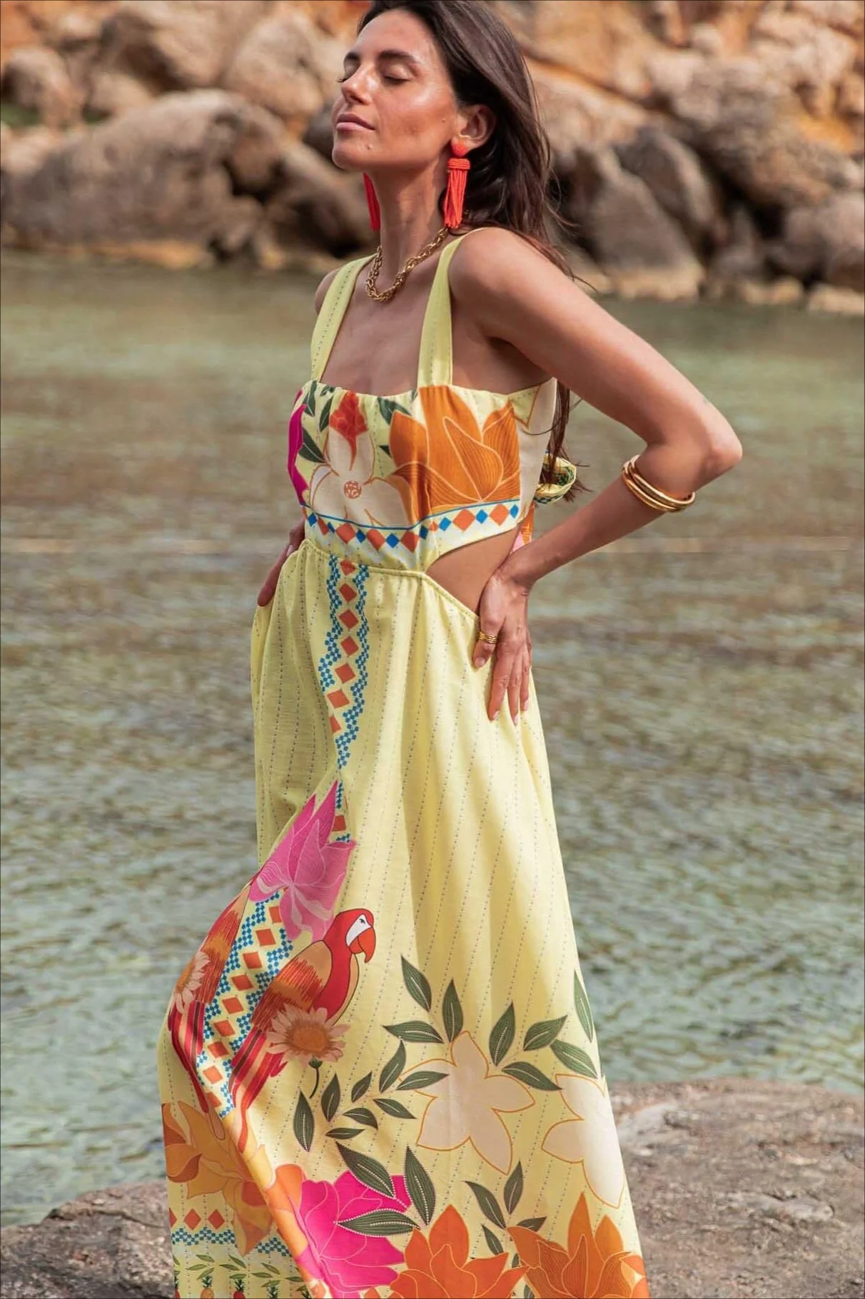 Elegant Floral Print Cutout Tie Maxi Dress - Image 3