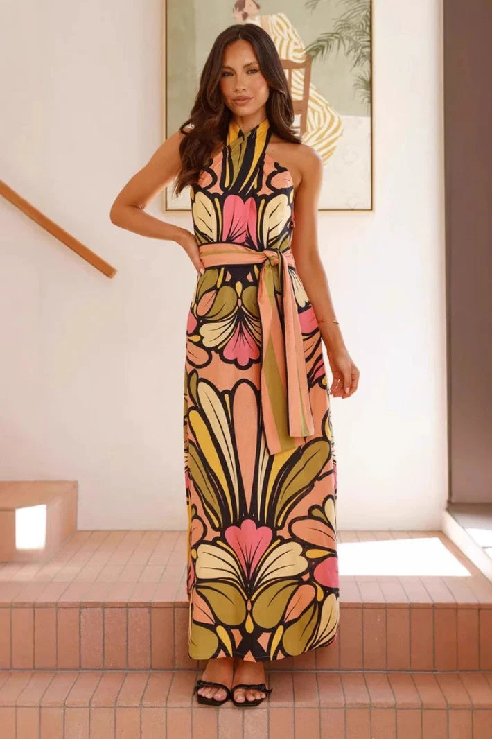 Floral Print Halter Belted Waist Maxi Dress - Image 2