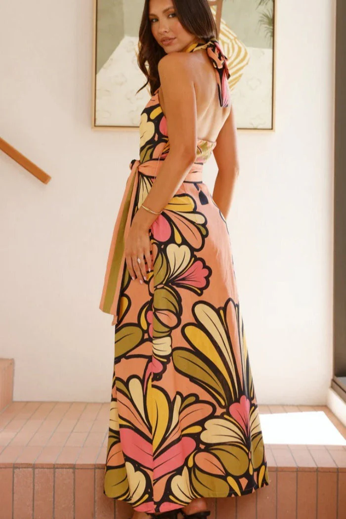 Floral Print Halter Belted Waist Maxi Dress - Image 3