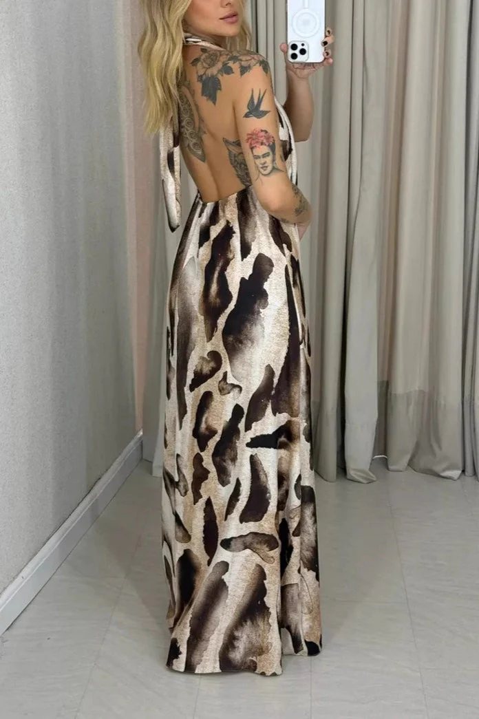 Leopard Print Halter Neck Backless Maxi Dress - Image 2