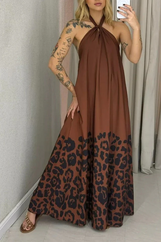 Leopard Print Halter Neck Backless Maxi Dress - Image 3