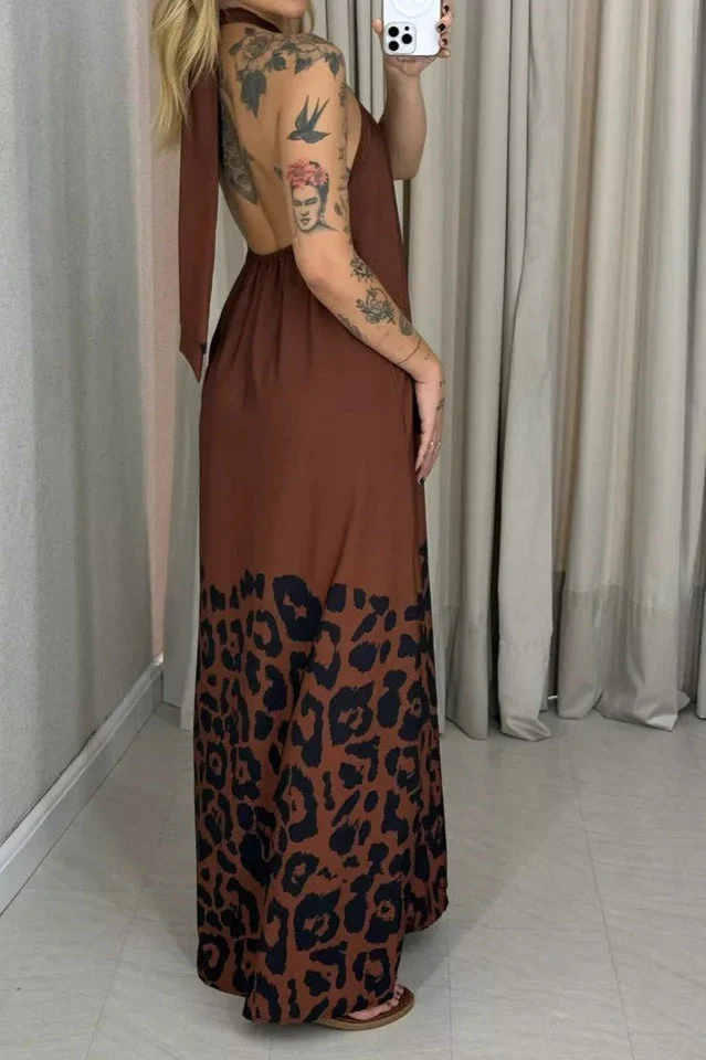 Leopard Print Halter Neck Backless Maxi Dress - Image 4