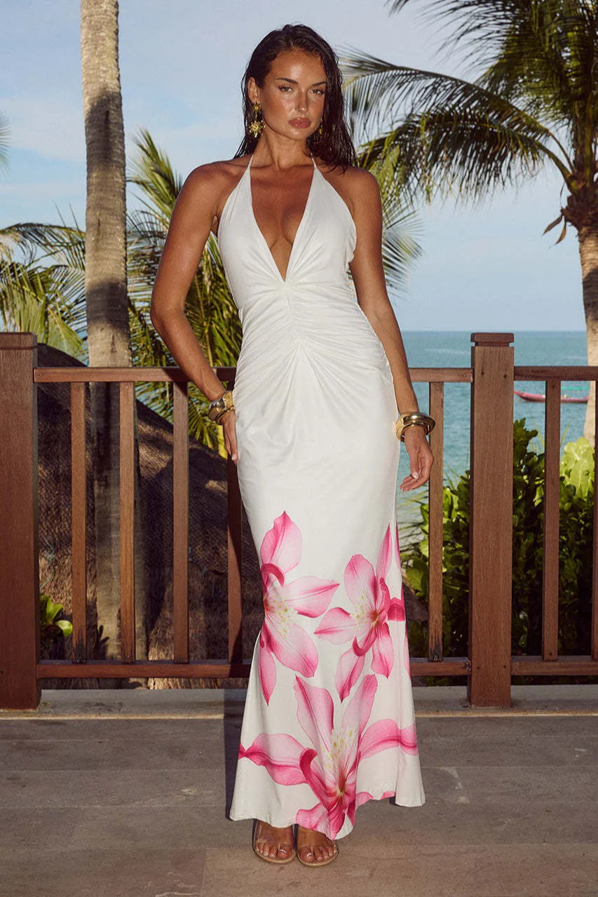 Floral Print Strapless Backless Ruched Maxi Dress - Image 3