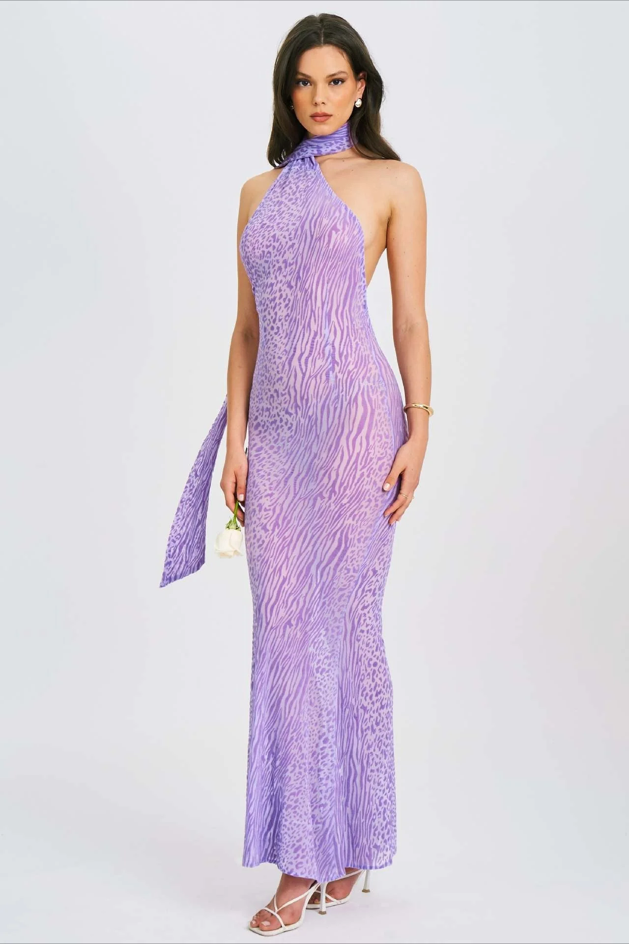 Sexy Mesh Halter Backless High Waist Bodycon Maxi Dress - Image 3