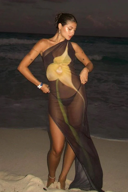 Sexy One Shoulder Mesh Floral Print Sheer Split Maxi Dress - Image 2