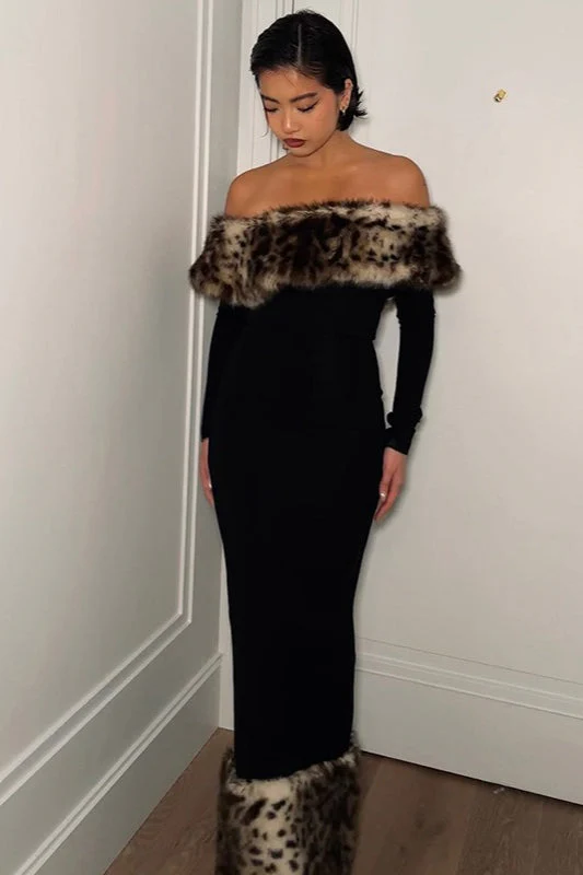 Sexy Off-shoulder Leopard Print Fur Trim Bodycon Maxi Dress - Image 2