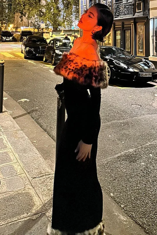 Sexy Off-shoulder Leopard Print Fur Trim Bodycon Maxi Dress - Image 3