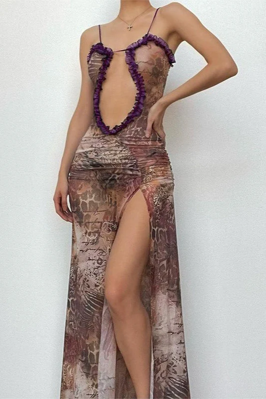 Sleeveless Lace Cutout Ruched Mesh Split Maxi Dress - Image 4
