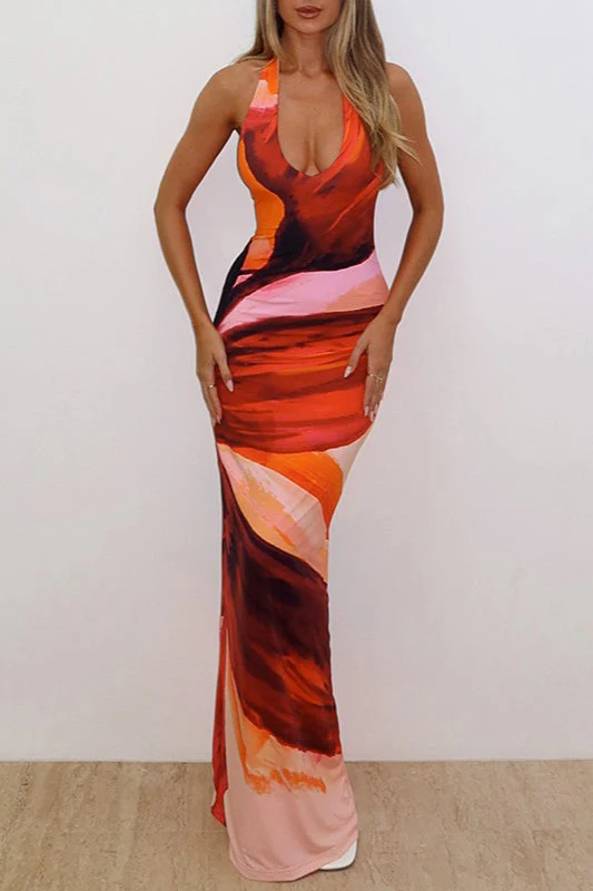 Sexy Floral Print Halter Tie Bodycon Split Maxi Dress - Image 3
