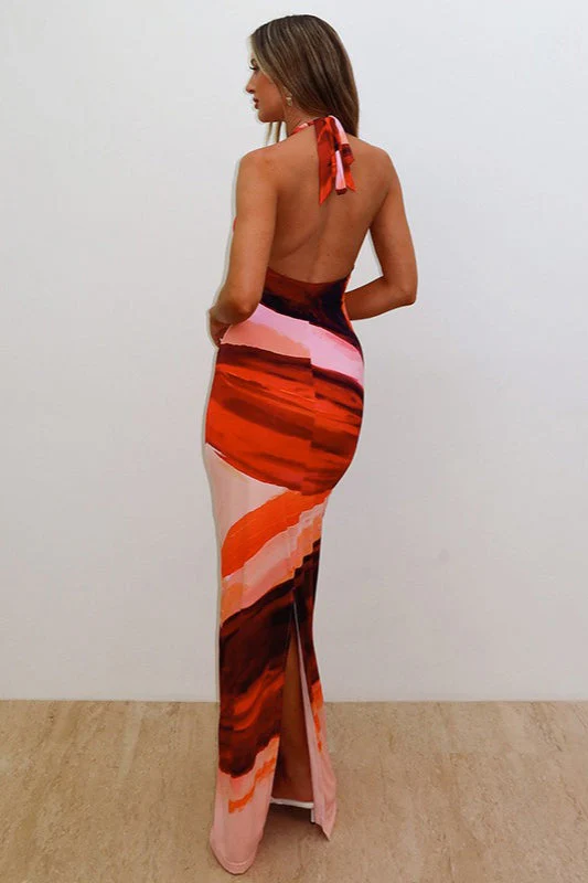 Sexy Floral Print Halter Tie Bodycon Split Maxi Dress - Image 4