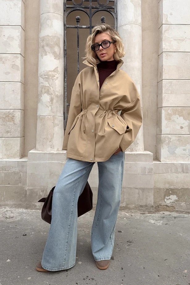 Khaki Drawstring Trench Jacket - Image 4