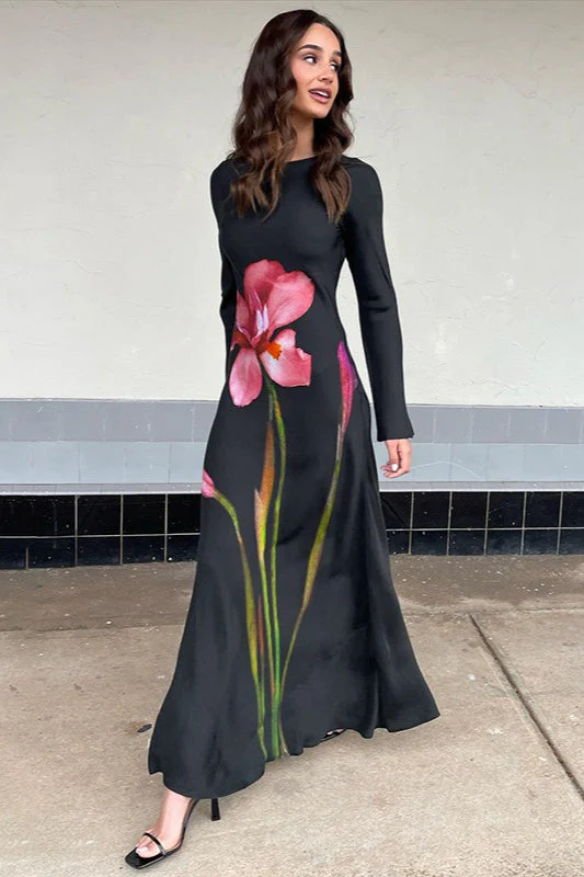 Elegant Long Sleeve Floral Print Backless Maxi Dress - Image 2