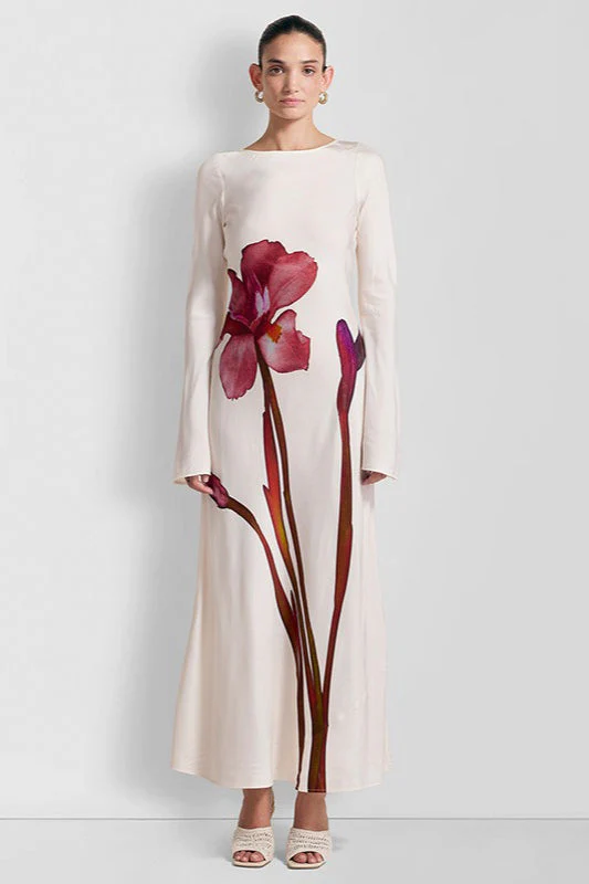 Elegant Long Sleeve Floral Print Backless Maxi Dress - Image 3