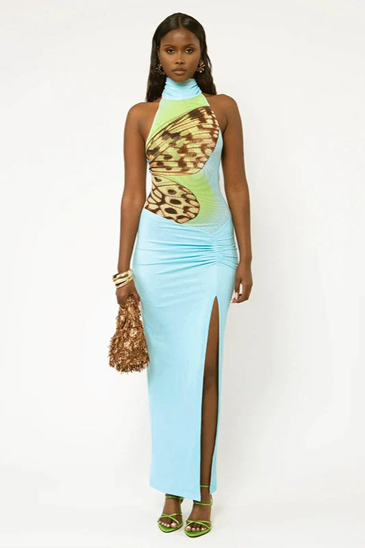 Butterfly Print Halter Backless High Slit Maxi Dress - Image 3