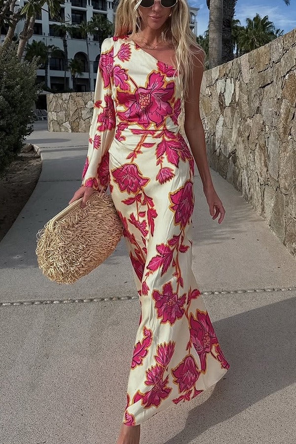 Satin Rose Print One-Shoulder Maxi Dress - Image 2