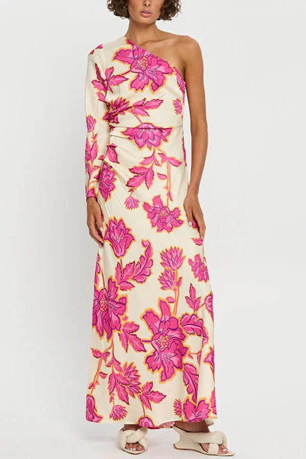 Satin Rose Print One-Shoulder Maxi Dress - Image 3