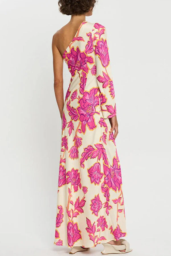 Satin Rose Print One-Shoulder Maxi Dress - Image 4