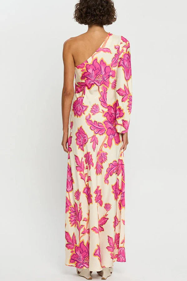 Satin Rose Print One-Shoulder Maxi Dress - Image 5