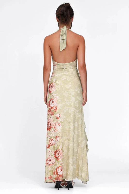 Floral Print Halter Backless Ruffle Maxi Dress - Image 4