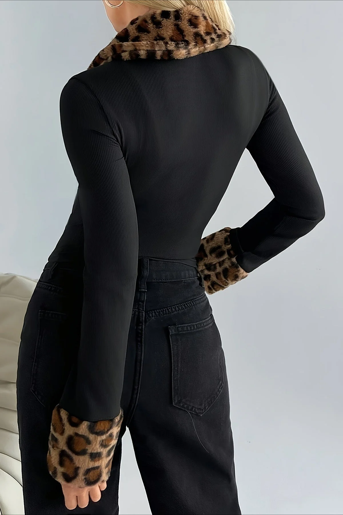 Fur Collar Leopard Print Double Zipper Knit Coat - Image 2